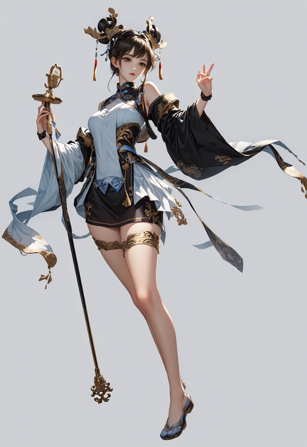 ((masterpiece)),(((best quality))),(((Very detailed))), (character design sheet, same characters, The same clothing, ""Main front view, side view, Rear view ""), illustration, 1 girl, Perfect illustration, Humanity, long black hair, Golden Eyes, medium breasts, The makeup is mainly white and blue, Genshin Impact style, Purple magical girl style witch costume, whole body, Conical witch hat, corset , short skirt, high socks, Leather boots and gloves, digital background, cast shadow. Special details in the eyes, Face, hair, clothing, Hands and legs.