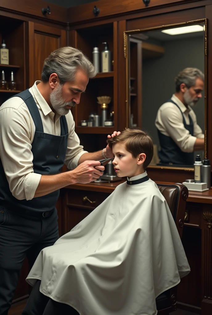 A boy cutting his hair in saloon
