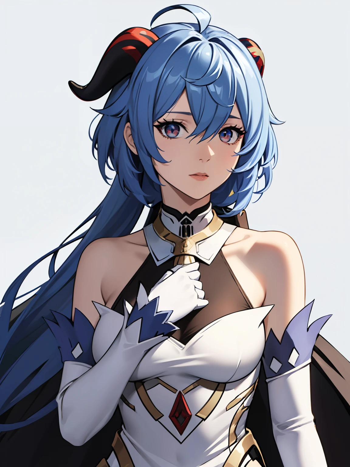 (high-quality, breathtaking),(expressive eyes, perfect face) 1girl, female, solo, blue hair, red eyes, positive expresion, greek background, portrait, symmetrical eyes, neutral, ganyu_genshin, dragon horns, snake eyes, dress, mature, adult, half open eyes, fantasy outfit, elbow gloves, white dress, long dress, white gloves, bare shoulders, grey background, upper body