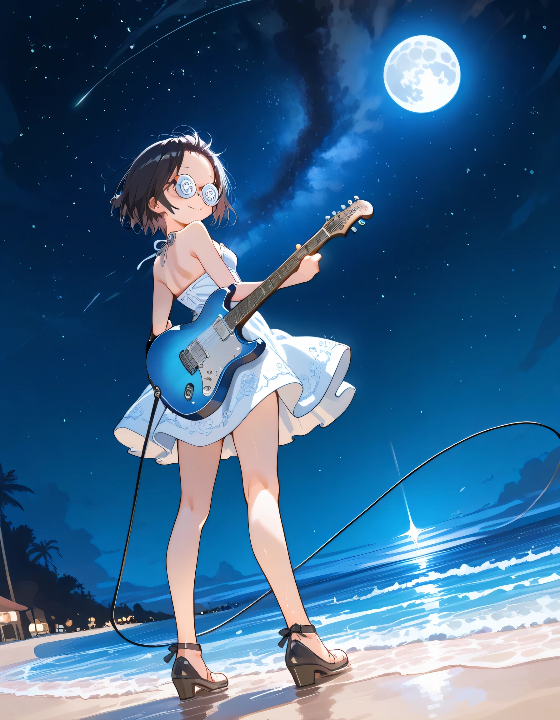 (dynamic angle:1.3,dynamic pose:1.3),from behind,(looking away:1.3)+,Night sky, stars, deserted sea, sandy beach, beautiful scenery, a girl standing, play the guitar,pride,solo,14years old,black short hair,forehead,spiral glasses,looking away:1.3,smile,natural cosmetic,sexy slim,flat breasts,miracle color Stardust Full Moon Dress, electric guitar,absolute area:1.3,lineart+,manga style,illustration,memorial shot,nostalsic scene