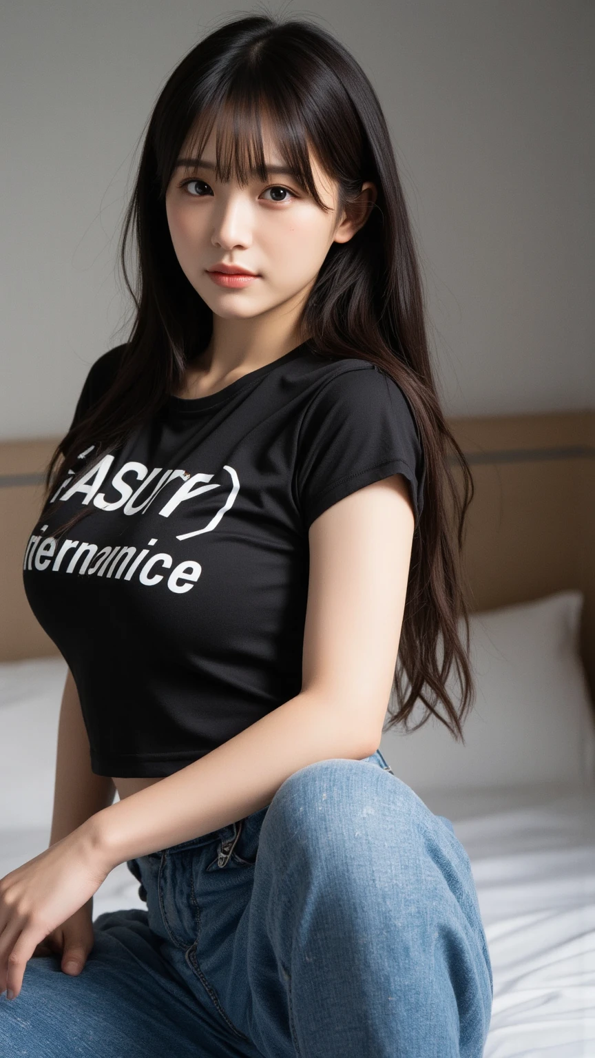 a 18 year old girl, (elevator), You can see the city background through the glass., Bokeh, Perfect Figure, (((Hand-lifted skirt, boxer shorts, I can see the panties))), ((My eyes crossed, captivating)), Short T-shirt, slim tummy, (mini-skirt),(Spread your legs), varied pose, Lift the skirt with your hands, Panties on the skirt, large full breasts