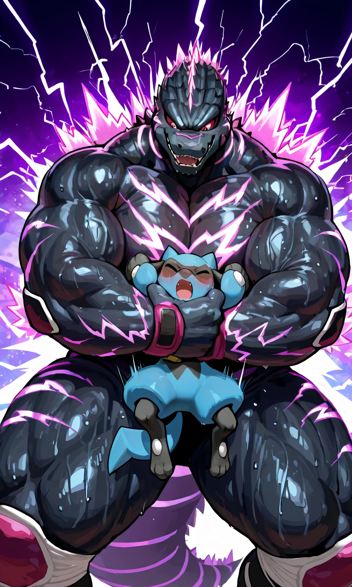 giant godzilla wrestler, small feral riolu, wresling, submission hold, [godzilla:lying on back, head lock, crossing arms, hugging, arms around neck, heavy weight bulky fat, giant plump muscular body, thick arms, big pectoral muscles, venis popping, evil grin, looking down, wearing black purple spandex, electric body, sweaty], [riolu:lying, head between pecs and arms, pain, closing eyes, open mouth], size difference, motion blur, motion line, wrestling background, lightning thunder trails, fullbody, from above