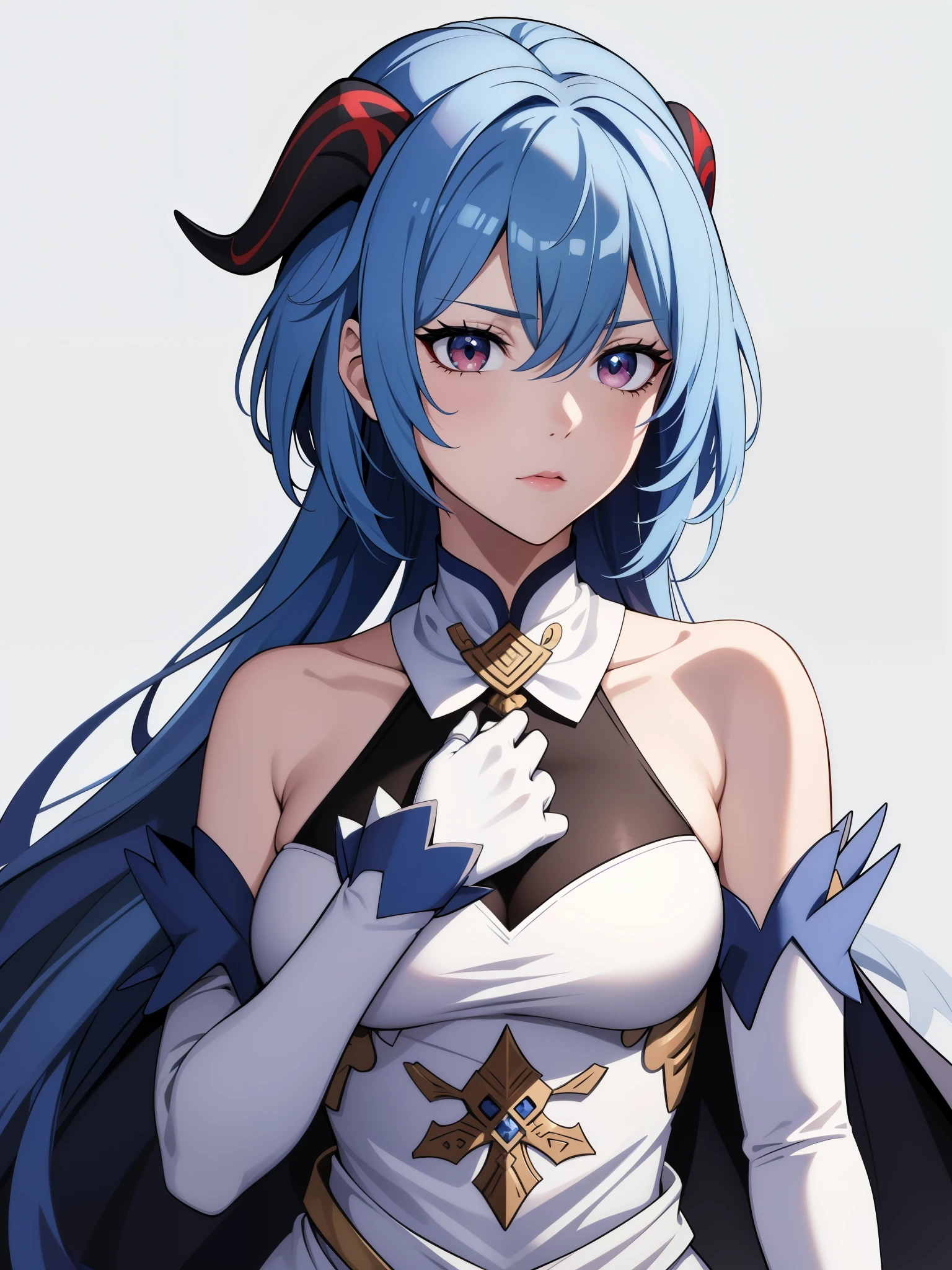 (high-quality, breathtaking),(expressive eyes, perfect face) 1girl, female, solo, blue hair, red eyes, positive expresion, greek background, portrait, symmetrical eyes, neutral, ganyu_genshin, dragon horns, snake eyes, dress, mature, adult, half open eyes, fantasy outfit, elbow gloves, white dress, long dress, white gloves, bare shoulders, grey background, upper body
