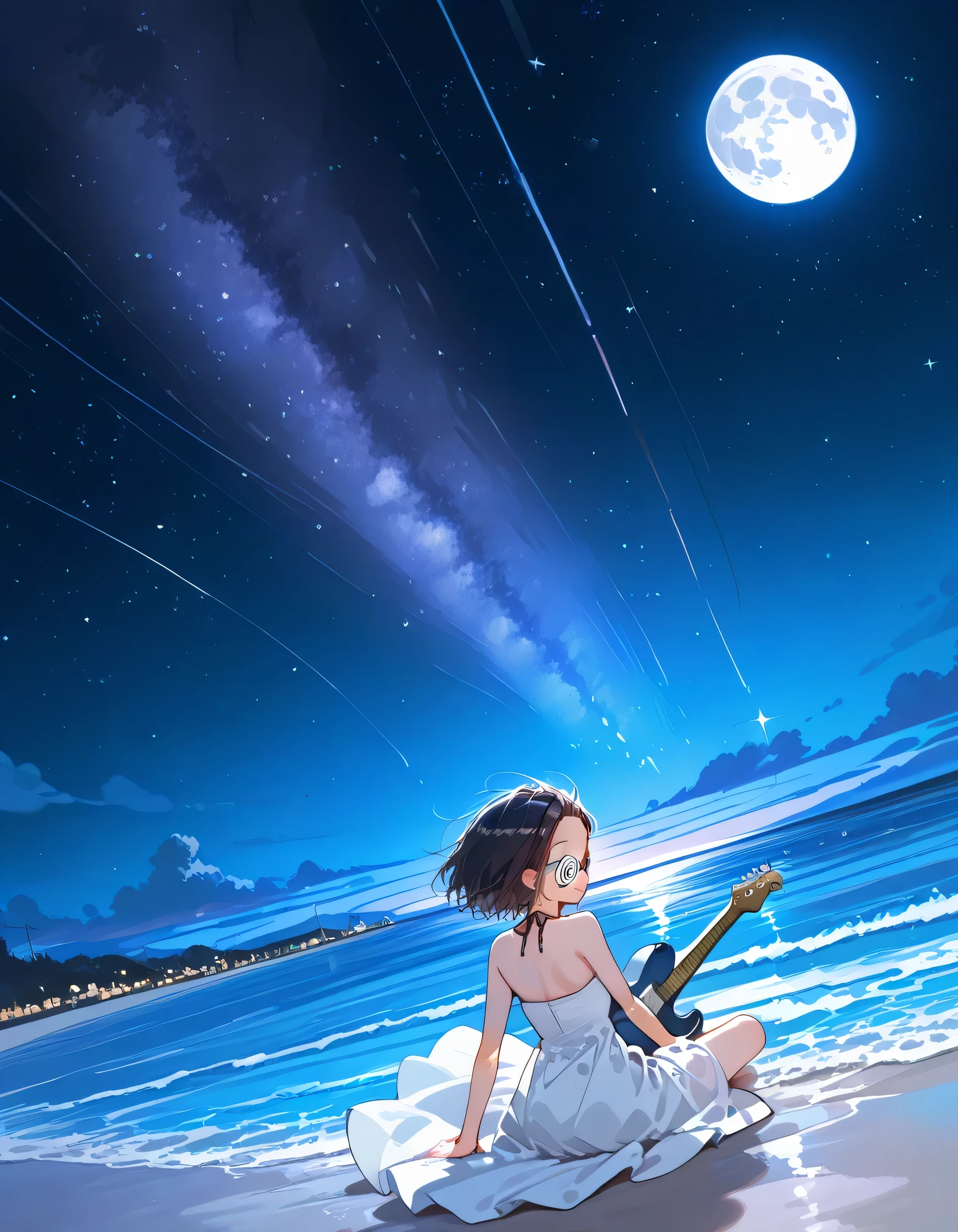 (dynamic angle:1.3,dynamic pose:1.3),from behind,(looking away:1.3)+,Night sky, stars, deserted sea, sandy beach, beautiful scenery, a girl sitting, play the guitar,pride,solo,14years old,black short hair,forehead,spiral glasses,looking away:1.3,smile,natural cosmetic,sexy slim,flat breasts,miracle color Stardust Full Moon Dress, electric guitar,absolute area:1.3,lineart+,manga style,illustration,memorial shot,nostalsic scene