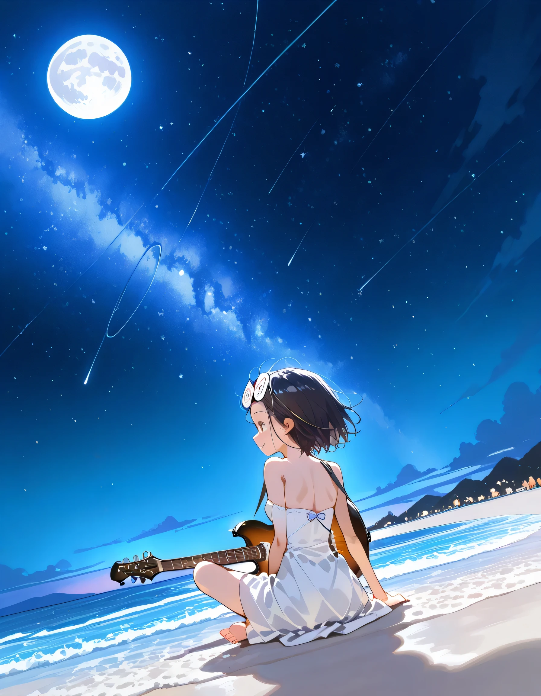 (dynamic angle:1.3,dynamic pose:1.3),from behind,(looking away:1.3)+,Night sky, stars, deserted sea, sandy beach, beautiful scenery, a girl sitting, play the guitar,pride,solo,14years old,black short hair,forehead,spiral glasses,looking away:1.3,smile,natural cosmetic,sexy slim,flat breasts,miracle color Stardust Full Moon Dress, electric guitar,absolute area:1.3,lineart+,manga style,illustration,memorial shot,nostalsic scene
