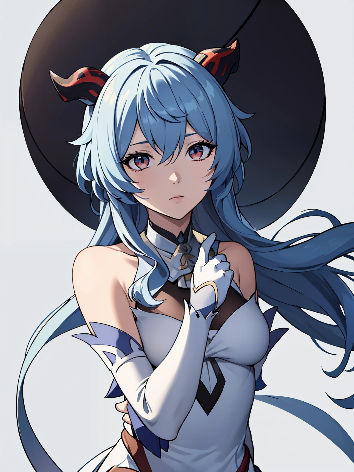 https://s1.zerochan.net/Ganyu.600.3520559.jpg(high-quality, breathtaking),(expressive eyes, perfect face) 1girl, female, solo, blue hair, red eyes, positive expresion, greek background, portrait, symmetrical eyes, neutral, ganyu_genshin, dragon horns, snake eyes, dress, mature, adult, half open eyes, fantasy outfit, elbow gloves, white dress, long dress, white gloves, bare shoulders, grey background, upper body