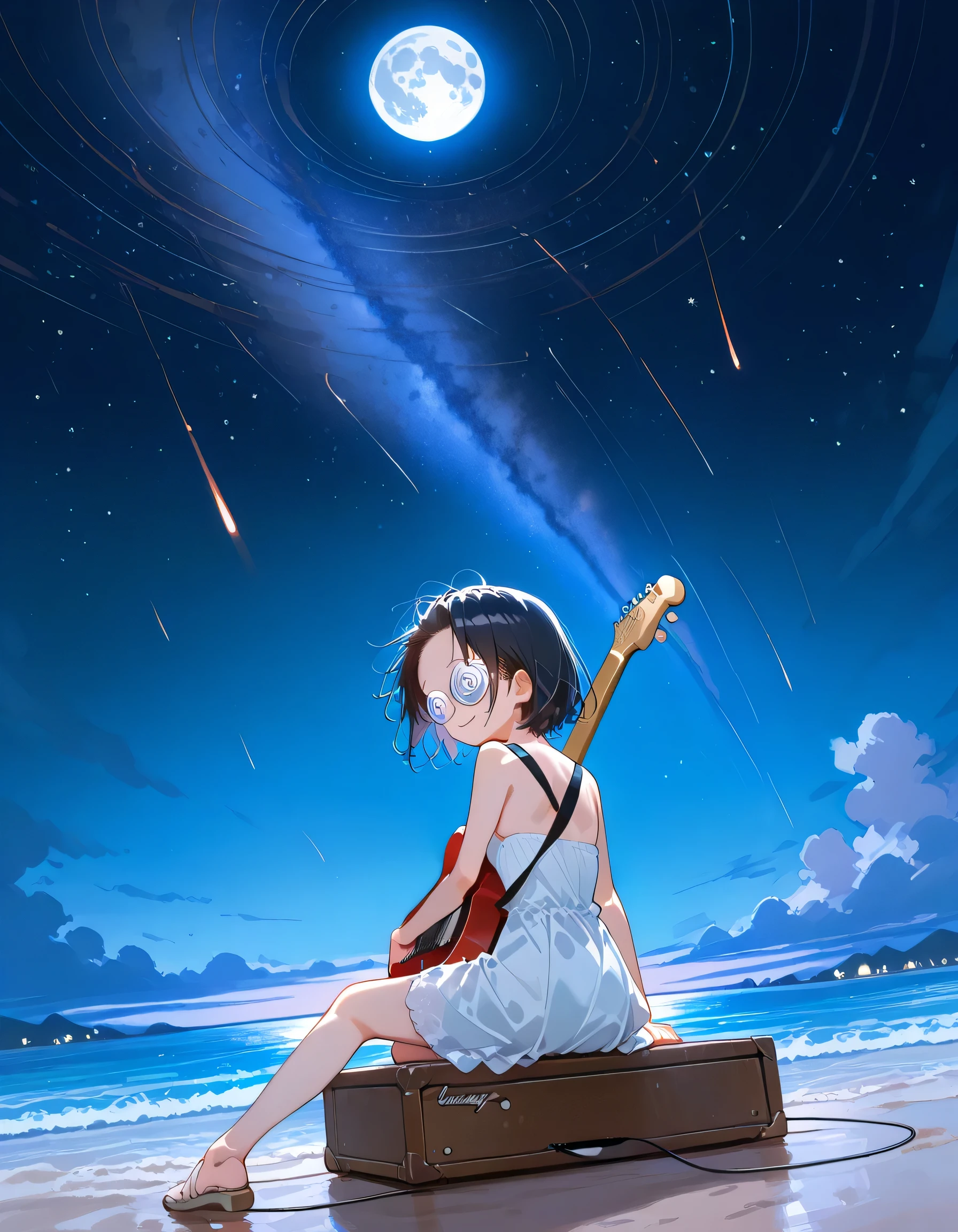 (dynamic angle:1.3,dynamic pose:1.3),from behind,(looking away:1.3)+,Night sky, stars, deserted sea, sandy beach, beautiful scenery, a girl sitting, play the guitar,pride,solo,14years old,black short hair,forehead,spiral glasses,looking away:1.3,smile,natural cosmetic,sexy slim,flat breasts,miracle color Stardust Full Moon Dress, electric guitar,absolute area:1.3,lineart+,manga style,illustration,memorial shot,nostalsic scene