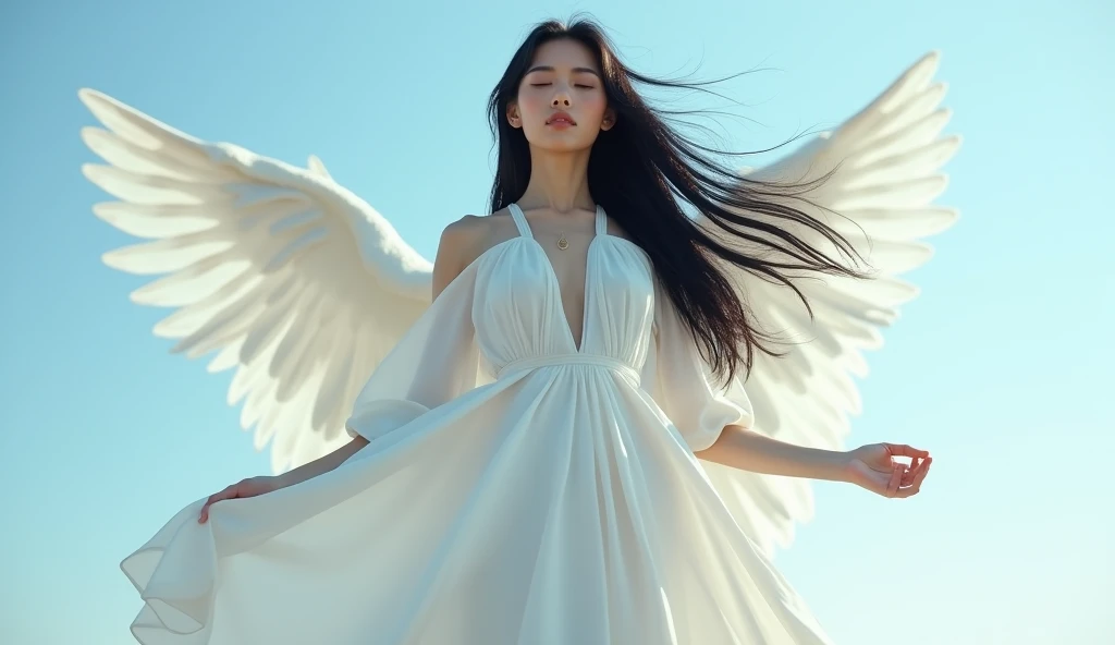 flying angel with wings,Wear a light pink dress.