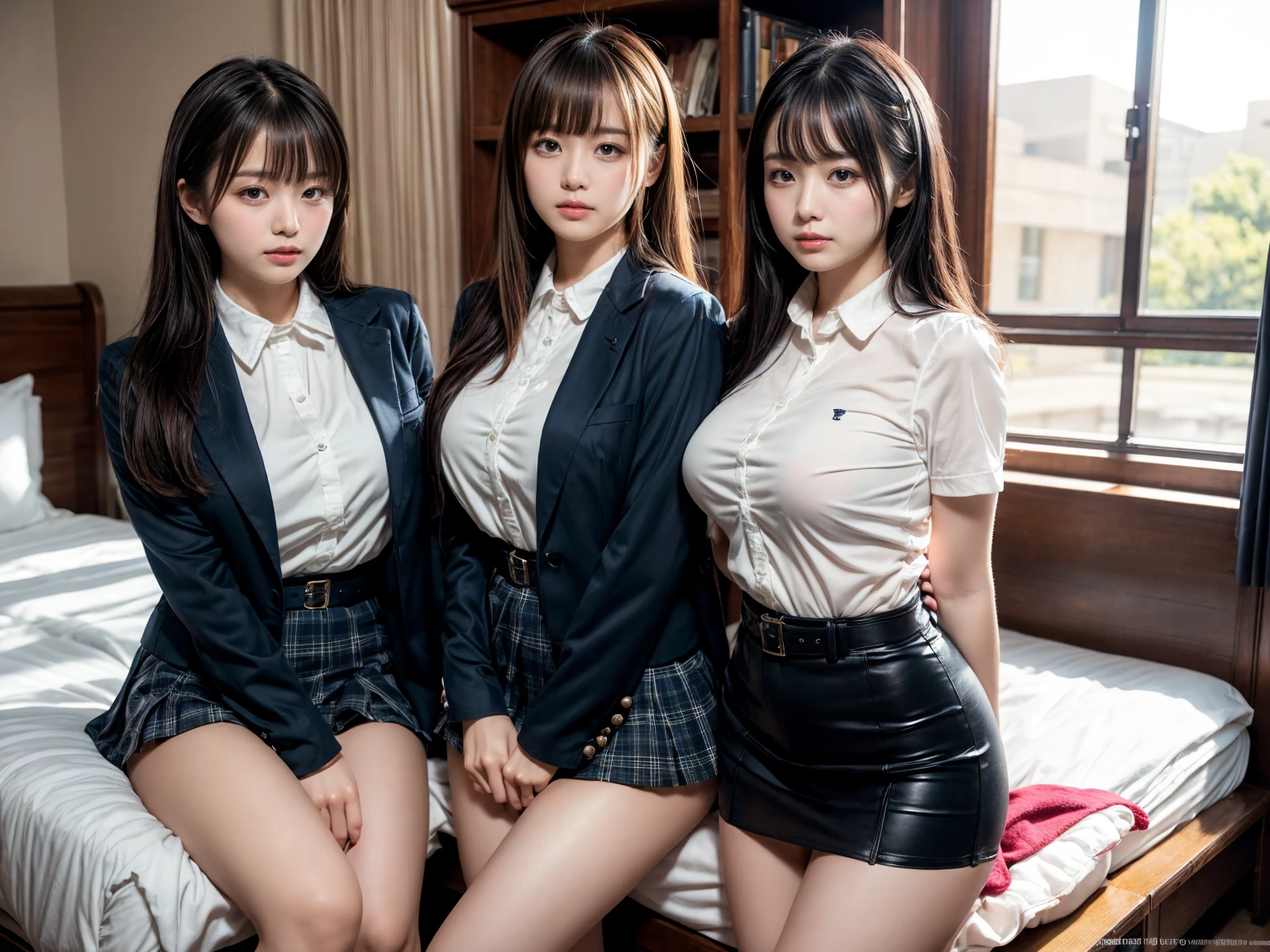 (8K, Raw photography, top-quality, ​masterpiece:1.2), master piece, best quality, illustration, Super detailed, fine details, High resolution, 8K,wall paper, perfect dynamic composition,(Details High quality, realistic depiction of eyes:1.3), ((2 girls, 2 schoolgirls)), The background is a luxury hotel room、High school girl uniform、blazer 、Super Short Check Uniform Skirt、Navy blue high socks、garterbelts、Colossal tits、Disturbed uniform, Play with each other,Touching each other's bodies,Touching the body of the girl next door, short bob hair, black hair color, huge breasts, Big Natural Color Lip, bold sexy pose, (perfect body shape), crying a little、cold gaze,  Beautiful makeup,glitter makeup,Cutest 18 years old, beautiful legs, hposing Gravure Idol, Voluptuous thighs