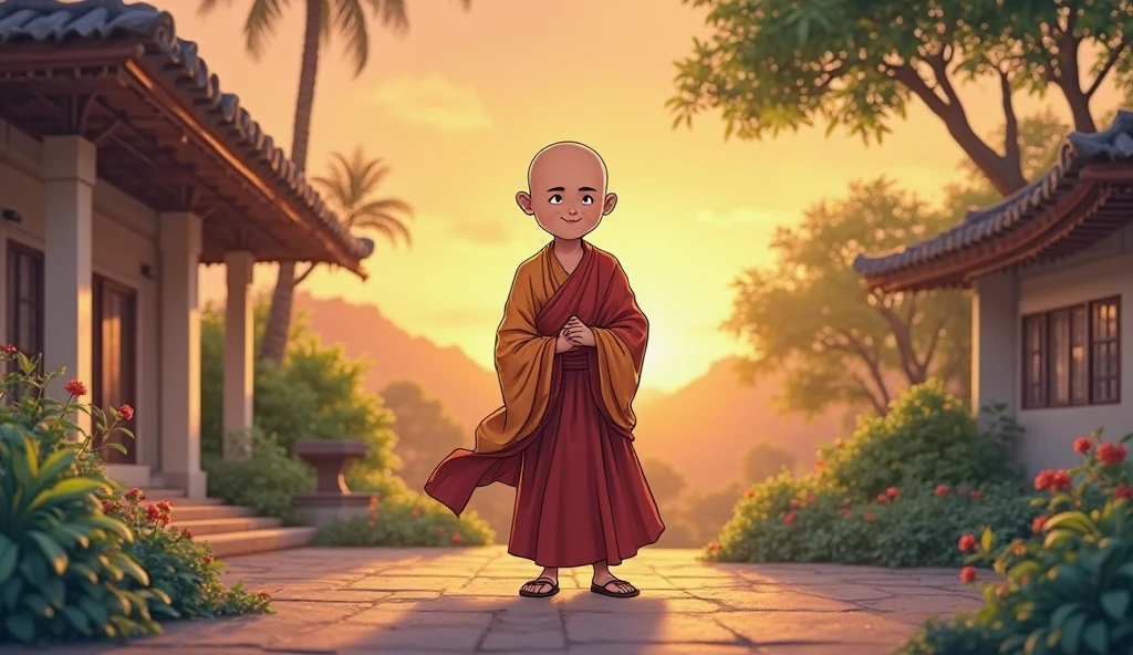 Child image of a bald Indian  meditating. roupas de costumes budista. night sky , com uma enorme lua cheia. cinematic lighting. Child Full moon landscape 