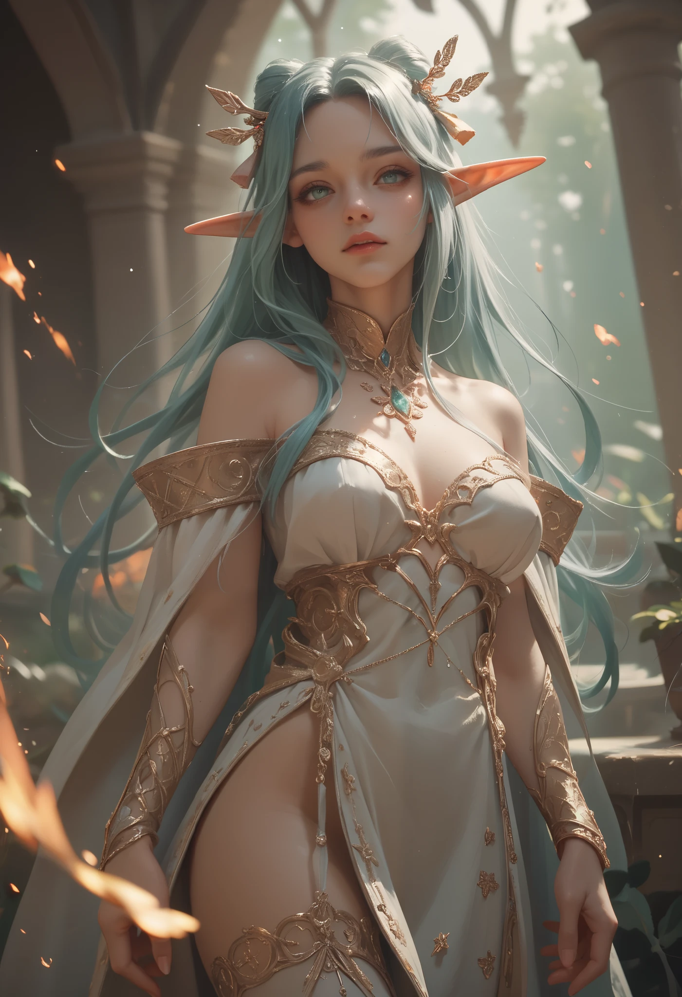 Valeria, the Enchantress of Elysia, is an ethereal figure exuding otherworldly elegance. Standing at 5'9" with porcelain white skin, she possesses captivating emerald-green eyes and long, flowing silver hair adorned with elven braids and nightshade flowers. She wears a resplendent gown of midnight blue moonlit silk, adorned with golden constellations. A silver tiara with moonstones rests on her brow, while silver armlets and a necklace with an iridescent teardrop complete her ensemble. She wields an intricately carved staff with elven symbols and a pulsating sapphire orb. Valeria's allure lies in her mystical aura, embodying grace, mystique, and raw magical power, making her an enchanting centerpiece for your TCG game targeted toward a mature audience.