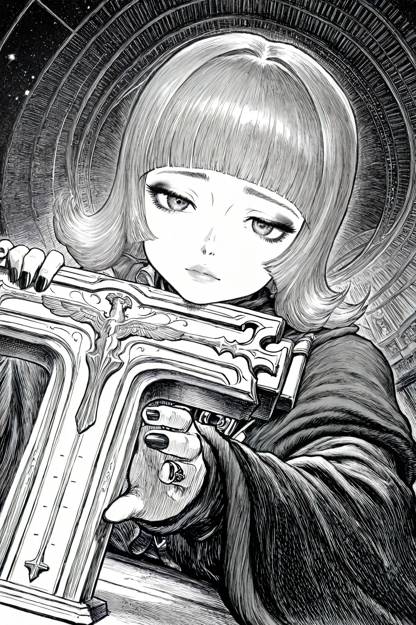 HDR, 8K, high contrast, masterpiece, best quality, amazing quality, very aesthetic, anime artstyle, realistic, newest,
BREAK
bounce light, hyperdetailed, detailed hair strands, detailed fibers, greyscale, (intricate hatching: 1.4)
masterpiece, semi-realism, monochrome, manga, inking, detailed, hyperdetailed,
engraving artstyle, hatching /texture/, contour lines, monchrome, greyscale, masterpiece.hyperdetailed, absurdres, detailed background, foreshortening, perspective, dynamic angle, very aesthetic, A stylized character with a striking appearance. A bold and striking ink drawing of a punk-inspired woman leans back against a large cross, her posture relaxed yet confident. She has a sharp, angular black bob haircut with blunt bangs, and her makeup features eyeliner and lipstick, emphasizing her rebellious persona. The image is captured in a close-up, focusing on her upper body and expressive features. She wears a sleek, form-fitting outfit adorned with silver accessories, including layered necklaces and a subtle geometric design on her high-neck top. Draped over her shoulders is a leather jacket, adding a sophisticated contrast to her edgy yet refined appearance. Her hand elegantly resting near cross, showcasing black nails. The background is a deep black with elements of a starry night sky, enhancing the mysterious and atmospheric mood. The scene is bathed in a surreal, mystical atmosphere. The soft lighting highlights the contours of her face and outfit, creating a visually captivating blend of modern fashion. The artwork combines vivid contrast, sharp details. The image is highly detailed, with a focus on the textures of her skin, the sharpness.