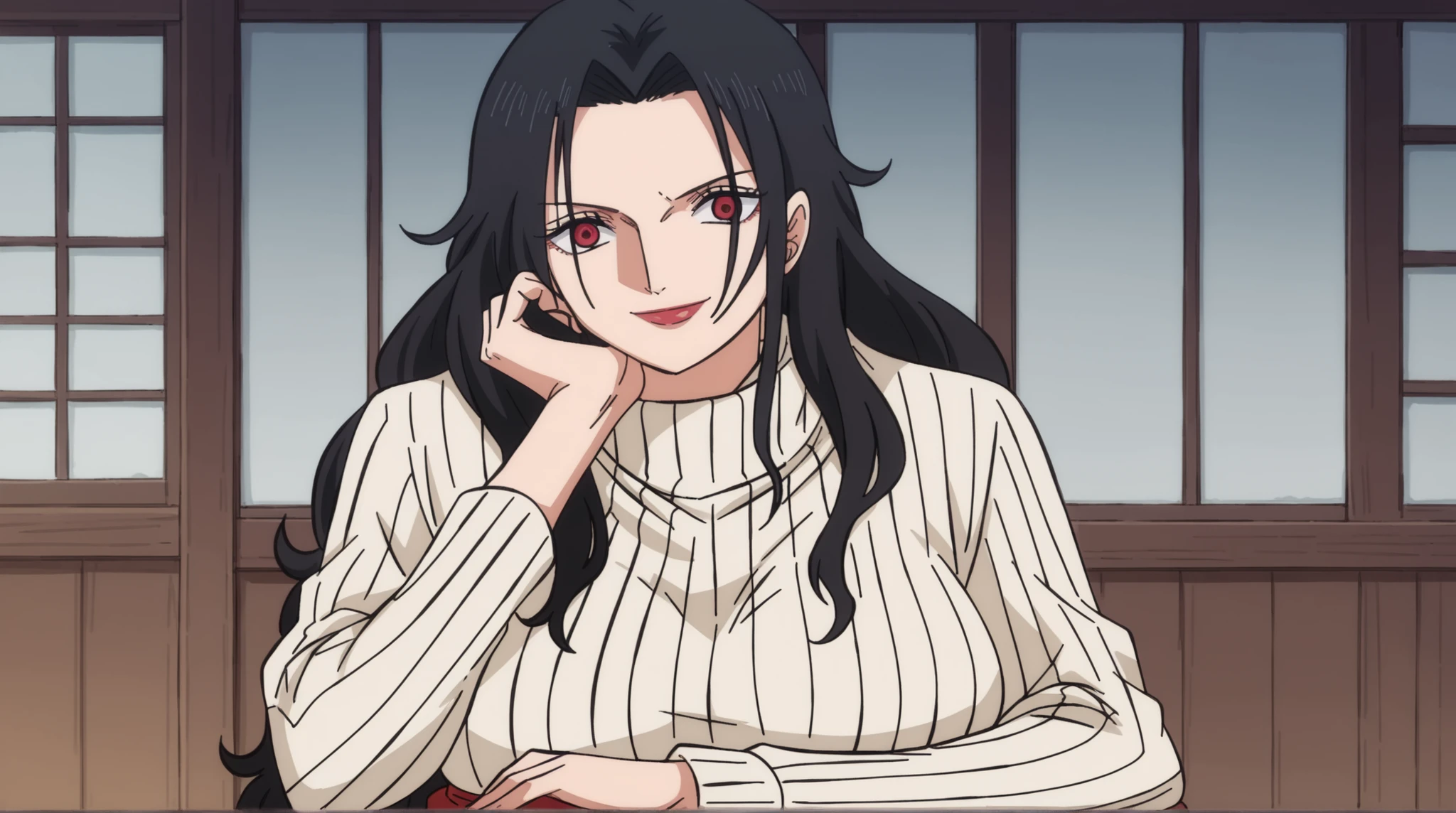score_9, score_8_up, score_7_up, source_anime, kurenai yuhi, long hair, black hair, red eyes, parted bangs, mature female, large breasts,, sidelocks, single hair bun, , japanese clothes, sweater, ribbed sweater, turtleneck, long sleeves, sash,, indoors, smile, looking at viewer, solo, sitting, head rest,, cowboy shot,upper body, front shot, 
