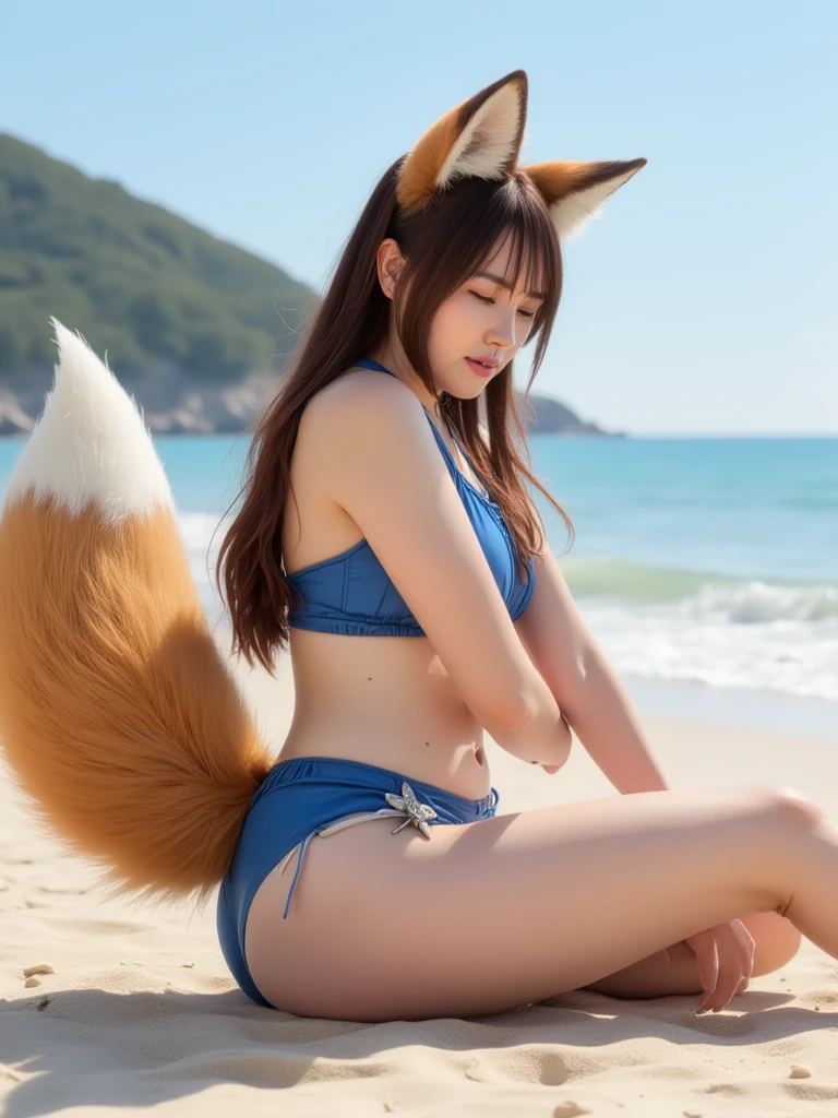 ((highest quality)), ((masterpiece)), (become familiar with), perfect face, fox woman, Beautiful woman, public, A tail is growing, she has a fluffy tail, she has a big fox tail, she is wagging her tail, smile, she is wearing a bikini, get down on all fours