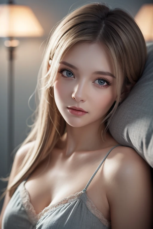 a 25 year old girl in a semi-transparent nightgown lying on a bed, beautiful detailed eyes, beautiful detailed lips, extremely detailed eyes and face, longeyelashes, serene expression, soft lighting, warm color tones, (best quality,4k,8k,highres,masterpiece:1.2),ultra-detailed,(realistic,photorealistic,photo-realistic:1.37),high quality portrait,natural lighting,dreamy atmosphere