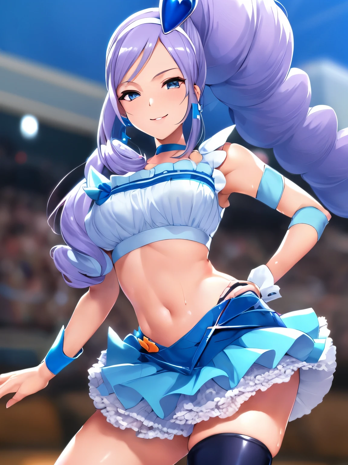  sleeveless, show me your armpits,wet skin,masterpiece, best quality, viewers, depth of field, walk, smile,1 girl, Cure Berry, Pretty Cure,  wrist cuffs , blue skirt, side ponytail,  Blue Boots, gem, hair band, Navy Thighs, belly button,  blue ribbon,
