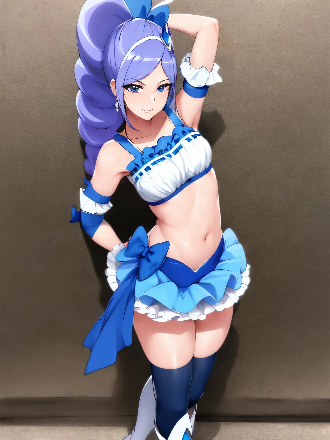 sleeveless, show me your armpits,wet skin,masterpiece, best quality, viewers, depth of field, walk, smile,1 girl, Cure Berry, Pretty Cure, wrist cuffs , blue skirt, side ponytail, Blue Boots, gem, hair band, Navy Thighs, belly button, blue ribbon,