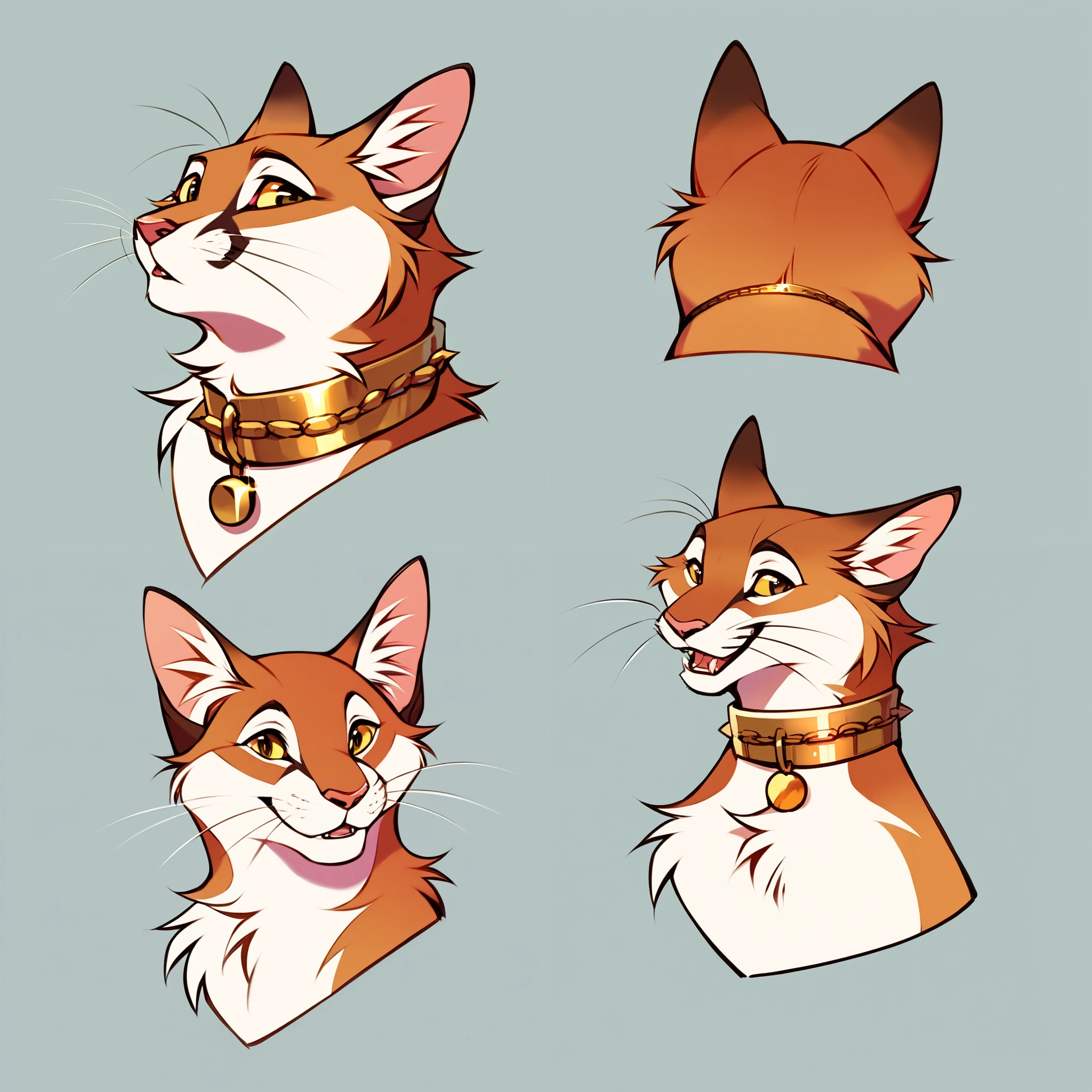 "A detailed reference sheet of a quadruped feral cat in a semi-realistic style with touches of an expressive cartoon. The cat is slender and elegant, with solid and well-defined fur, a stylized fringe falling over the forehead and a metallic chain collar. The art presents clean and refined features, with soft shading , subtle textures and a balance between realistic details and dynamic stylization.
. A full body view of the cat in a neutral and natural pose, highlighting its slender and fluid anatomy.
. Close-ups of the face at different angles ( front, three-quarter profile), with expressive eyes and attention to facial details.
. Approximate eye details, nose and paw cushions, with well-crafted textures and colors
. A section showing varied expressions (happy, Bravo, curious and frightened), emphasizing the personality of the character.
The background is minimalist and in neutral tones to keep the focus on the cat design. The color palette is balanced, and the lighting highlights the volume of the character without exaggerating the contrasts."