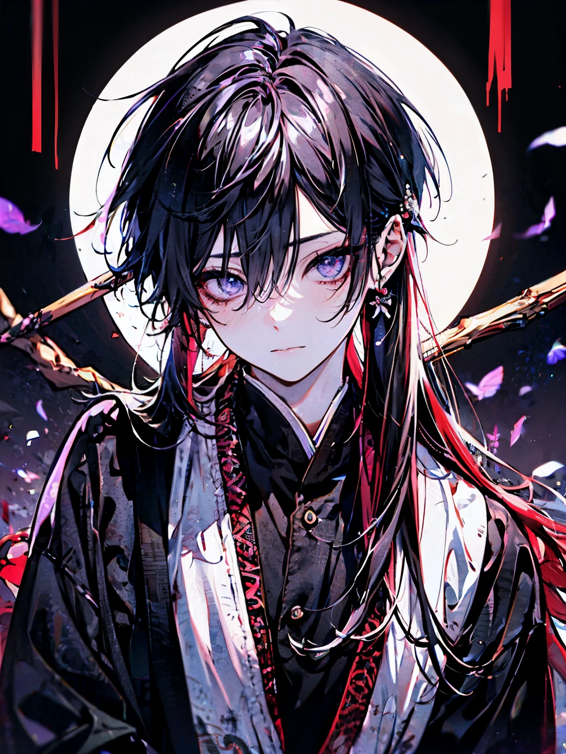 1boy , black hair, white robe, solo, smiles, purple eyes, sticks out of the screen, blurred background, red inner color hair, High Resolution, Ultra High Definition, long hair,