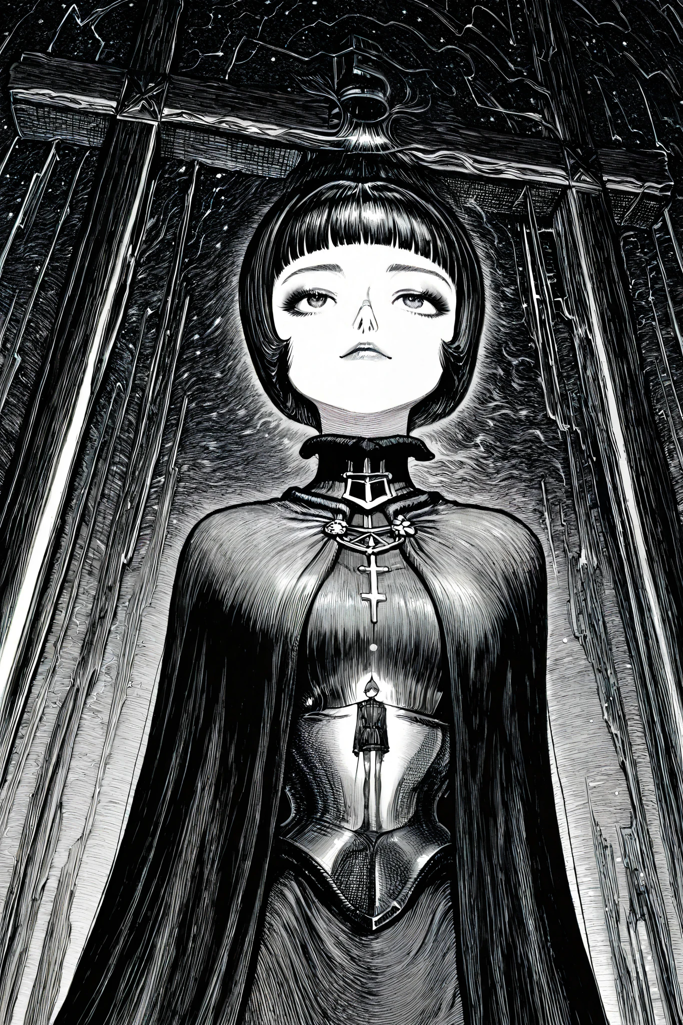 HDR, 8K, high contrast, masterpiece, best quality, amazing quality, very aesthetic, anime artstyle, realistic, newest,
BREAK
bounce light, hyperdetailed, detailed hair strands, detailed fibers, greyscale, (intricate hatching: 1.4)
masterpiece, semi-realism, monochrome, manga, inking, detailed, hyperdetailed,
engraving artstyle, hatching /texture/, contour lines, monchrome, greyscale, masterpiece.hyperdetailed, absurdres, detailed background, foreshortening, perspective, dynamic angle, very aesthetic, A stylized character with a striking appearance. A bold and striking ink drawing of a punk-inspired woman leans back against a large cross, her posture relaxed yet confident. She has a sharp, angular black bob haircut with blunt bangs, and her makeup features eyeliner and lipstick, emphasizing her rebellious persona. The image is captured in a close-up, focusing on her upper body and expressive features. She wears a sleek, form-fitting outfit adorned with silver accessories, including layered necklaces and a subtle geometric design on her high-neck top. Draped over her shoulders is a leather jacket, adding a sophisticated contrast to her edgy yet refined appearance. Her hand elegantly resting near cross, showcasing black nails. The background is a deep black with elements of a starry night sky, enhancing the mysterious and atmospheric mood. The scene is bathed in a surreal, mystical atmosphere. The soft lighting highlights the contours of her face and outfit, creating a visually captivating blend of modern fashion. The artwork combines vivid contrast, sharp details. The image is highly detailed, with a focus on the textures of her skin, the sharpness.