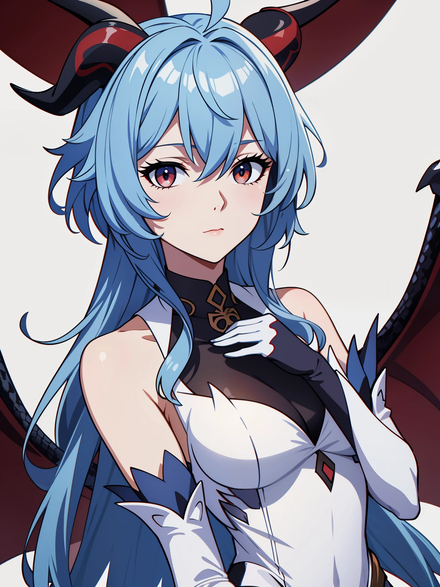 (high-quality, breathtaking),(expressive eyes, perfect face) 1girl, female, solo, blue hair, red eyes, positive expresion, greek background, portrait, symmetrical eyes, neutral, ganyu_genshin, dragon horns, snake eyes, dress, mature, adult, half open eyes, fantasy outfit, elbow gloves, white dress, long dress, white gloves, bare shoulders, black background, embers,