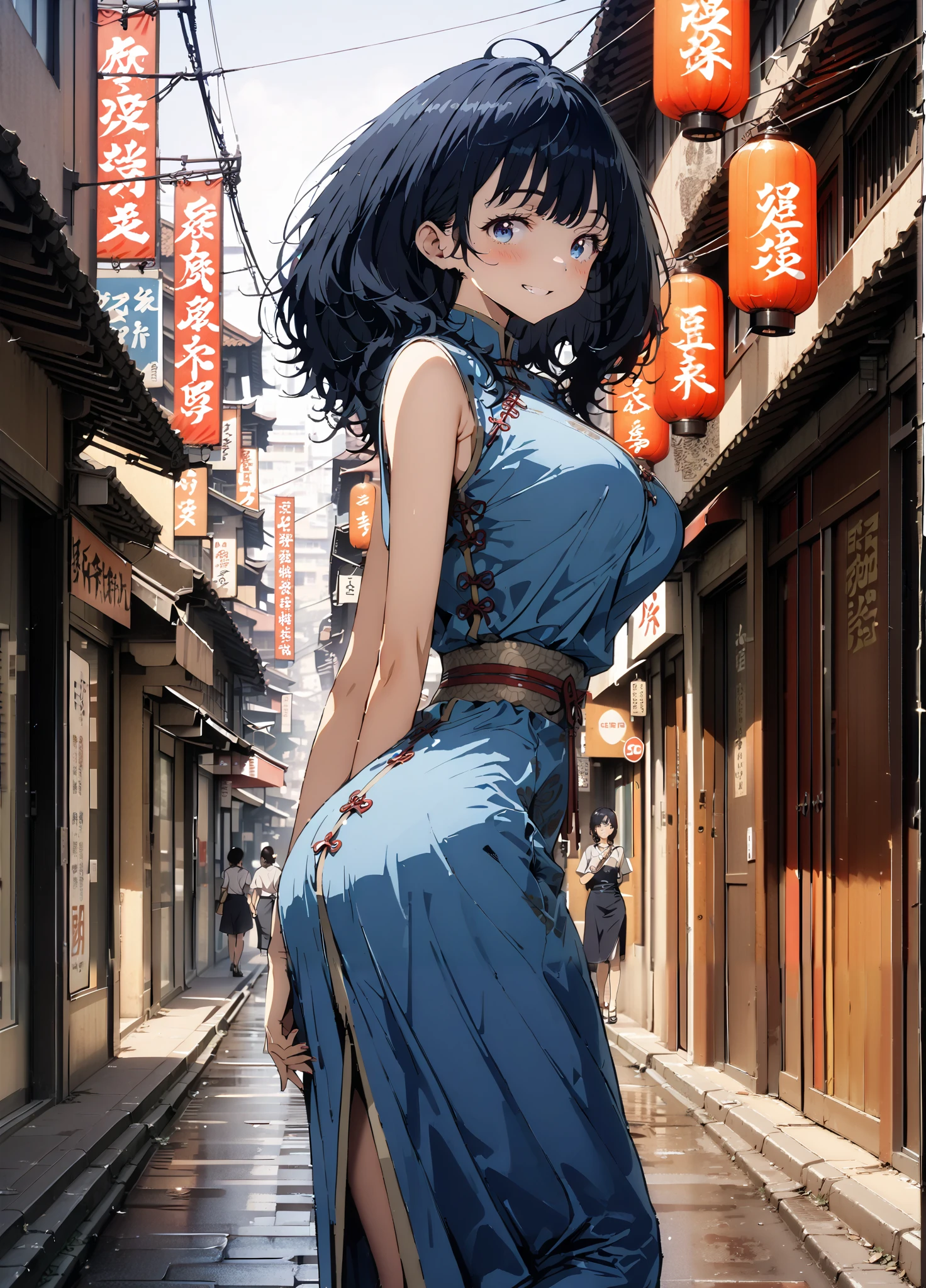 score_9, score_8_up, score_7_up, source_anime, Anayanami , medium hair, blue eyes, stupid hair, Lantern, medium chest, skirt, shirt, Big Breasts,Blue sleeveless Chinese clothes,Long slit,pin heels,standing,Put your hands on your lower back,smile,blush, grin ,China, beautiful scenery,Beautiful cityscape,standing,full bodyがイラストに入るように, break outdoors, Chinatown,
break looking at viewer,full body,
break (masterpiece:1.2),highest quality , kampala, Unity 8K Wallpaper ,(shape:0.8),( fine, beautiful eyes :1.6),It's a person ,full body写真,CG Details , (perfect hands, complete anatomy),