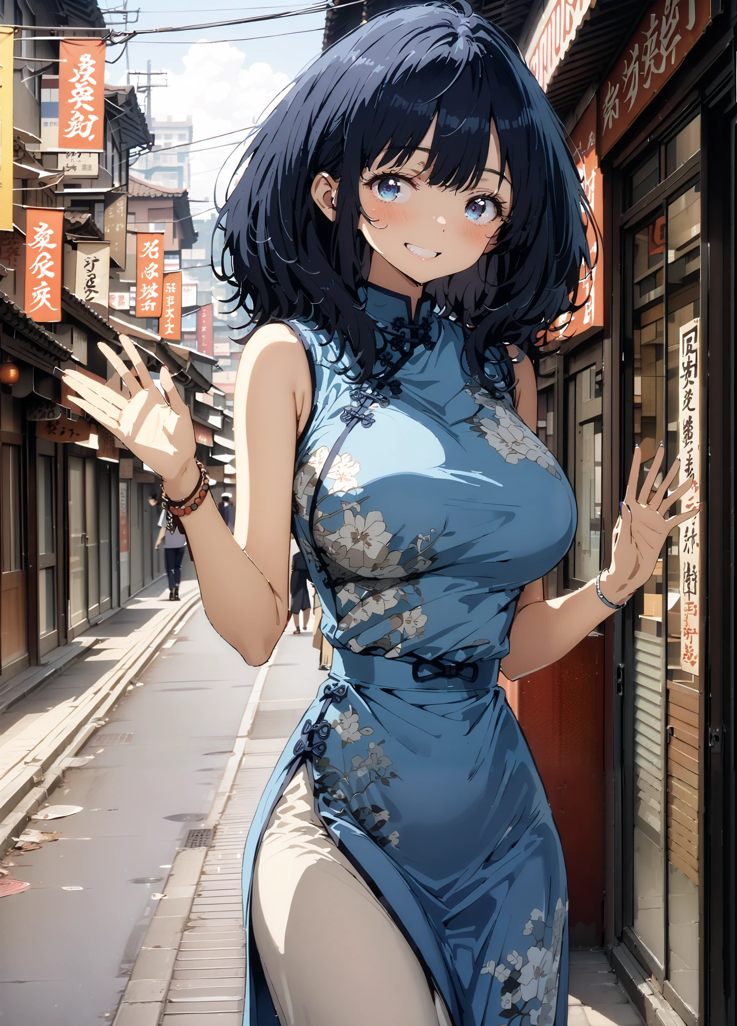 score_9, score_8_up, score_7_up, source_anime, Anayanami , medium hair, blue eyes, stupid hair, Lantern, medium chest, skirt, shirt, Big Breasts,Blue sleeveless Chinese clothes,Long slit,pin heels,standing,Put your hands on your lower back,smile,blush, grin ,China, beautiful scenery,Beautiful cityscape,standing,full bodyがイラストに入るように, break outdoors, Chinatown,
break looking at viewer,full body,
break (masterpiece:1.2),highest quality , kampala, Unity 8K Wallpaper ,(shape:0.8),( fine, beautiful eyes :1.6),It's a person ,full body写真,CG Details , (perfect hands, complete anatomy),