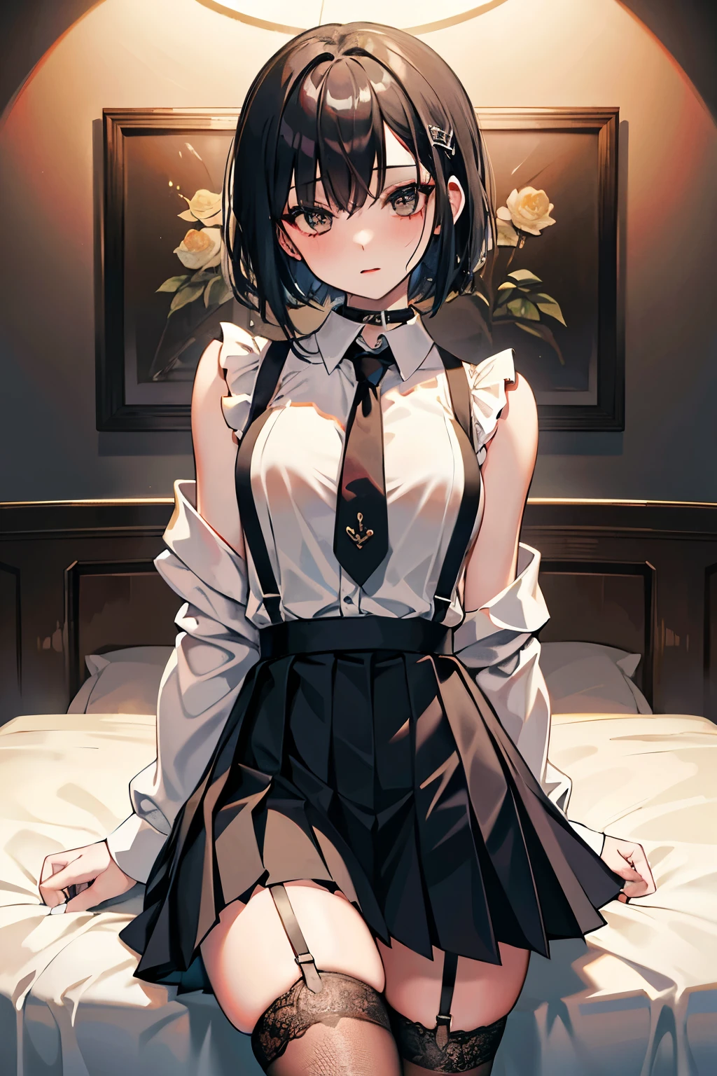 absurdres, RAW photo, extremely delicate and beautiful, masterpiece, Best Quality, ultra high resolution, 32k, hyperrealistic, ultra-detailed, perfect figure, in her 20s, very small head, very small face, delicate facial features, tearful mole, earring, very huge breasts, full body shot, medium hair, black hair, school_uniform, short skirt,