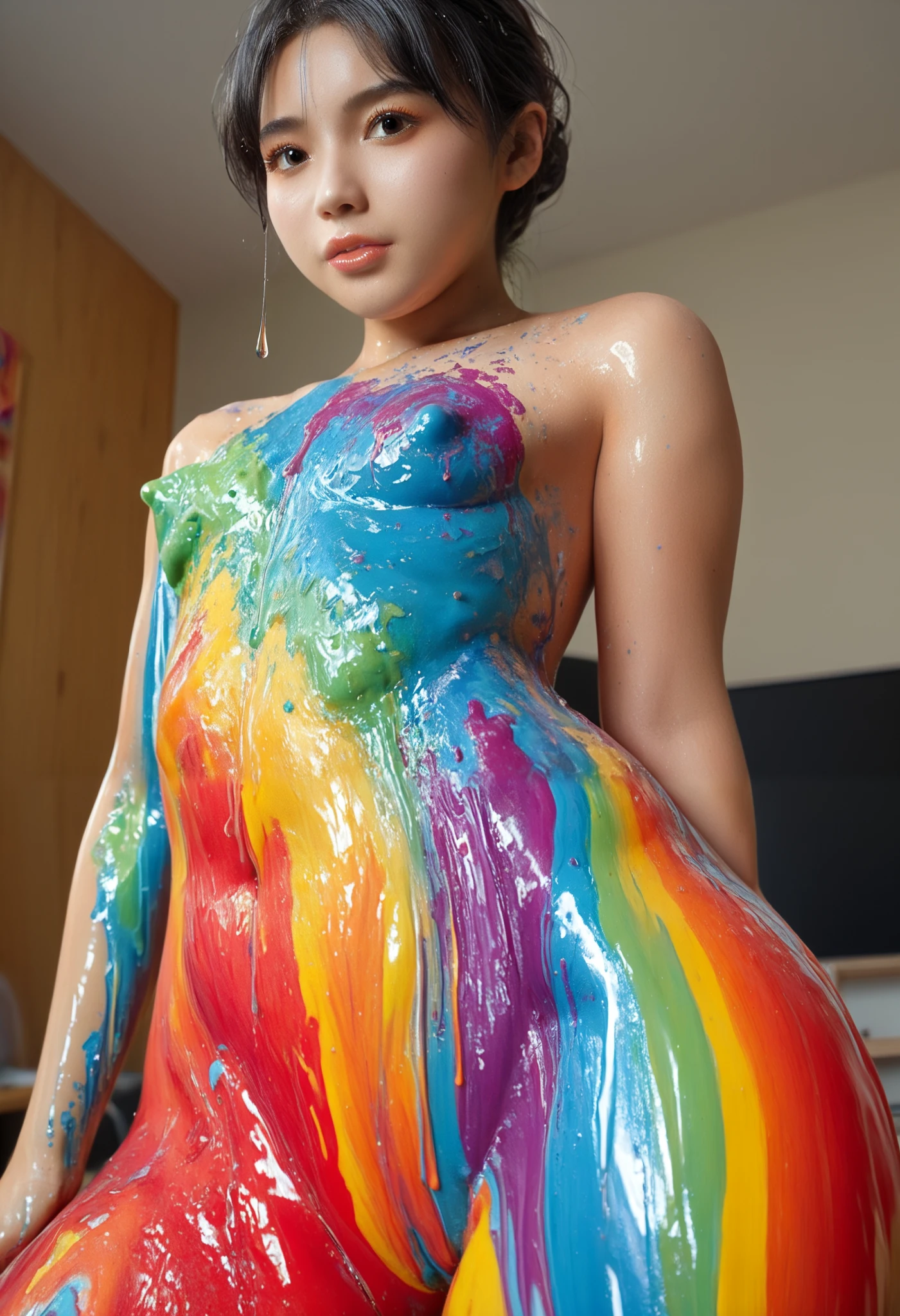 best quality 、high quality 、 highest resolution、High Resolution、8K quality、high definition 、best quality、 masterpiece 、 movie-like images、 Immersive Footage 、 Very realistic looking image 、Realistic Images、 perfect detail 、 high contrast 、High fidelity、 perfect picture、Close to reality、 images reproduced in detail、Detailed and realistic human body、Detailed and realistic human skin、 Detailed and realistic face、 eyes drawn realistically in detail 、 Realistic lips drawn down to the smallest detail 、 detailed and realistic teeth、Realistic ears、 Realistic hair 、((Japanese models))、((s))、(( ))、((Young face))、(( black hair))、(( small flat chest))、(( body type))、(((full body)))、(((full bodyオイルまみれの光沢のある肌)))、(((Body Art)))、(((Liquid Art)))、(((Mucus Art )))、(((Apply colorful slime all over skin)))、(((Apply colorful paint liquid all over skin)))、(((Apply colorful oil paint all over skin)))、(((Apply colorful oil all over skin)))、(( subject close-up ))