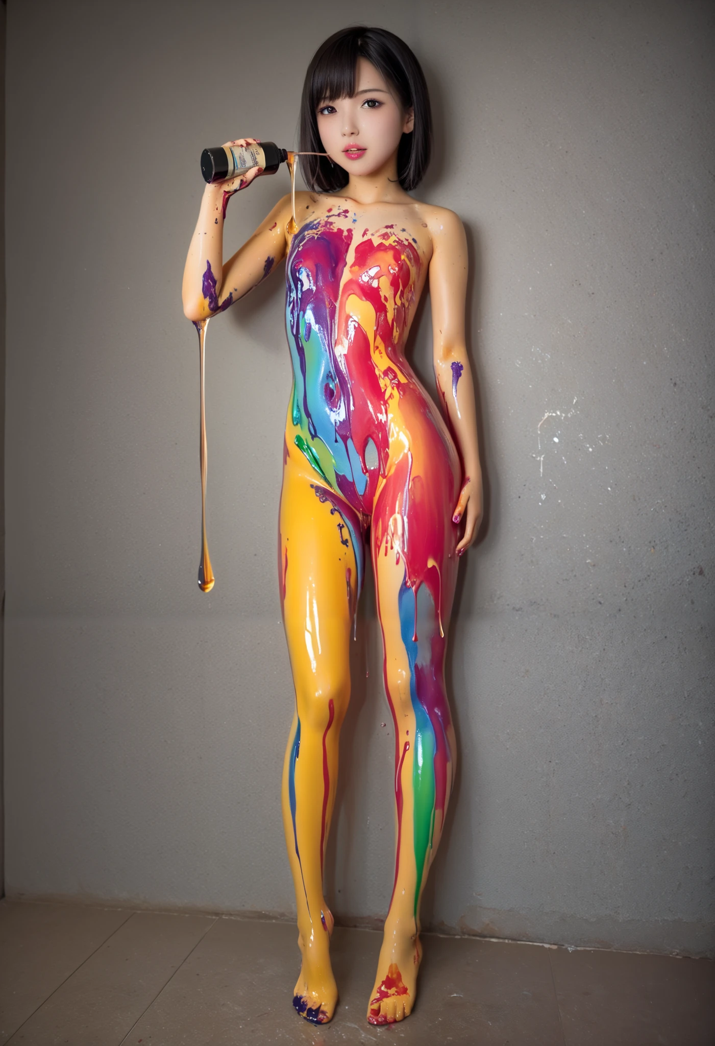 realistic photo of OliviaWilde, ink splash, colorful, watercolor, photo taken from far, tall woman