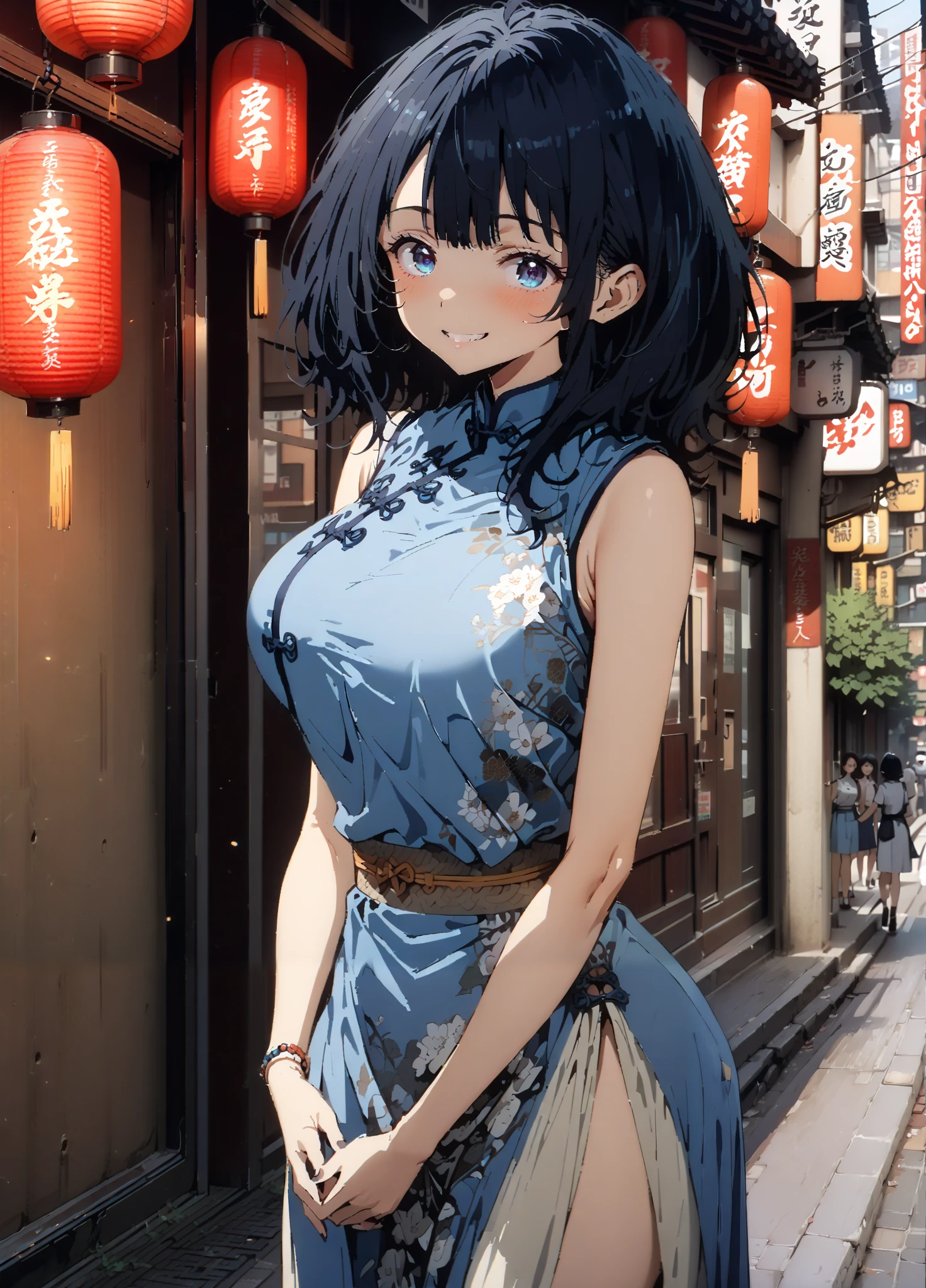 score_9, score_8_up, score_7_up, source_anime, Anayanami , medium hair, blue eyes, stupid hair, Lantern, medium chest, skirt, shirt, Big Breasts,Blue sleeveless Chinese clothes,Long slit,Bare legs,pin heels,standing,Put your hands on your lower back,smile,blush, grin ,China, beautiful scenery,Beautiful cityscape,standing,full bodyがイラストに入るように, break outdoors, Chinatown,
break looking at viewer,full body,
break (masterpiece:1.2),highest quality , kampala, Unity 8K Wallpaper ,(shape:0.8),( fine, beautiful eyes :1.6),It's a person ,full body写真,CG Details , (perfect hands, complete anatomy),