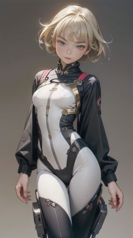 (((devilish smile))), (((Ivory suit))), (((soviet suit))), (((short Ivory haircut))), (((melhor qualidade: 1.4))), (((arm metal))), (((DuneWalker))), (((Annie Lennox))), (((post-apocalypse))), (Unbeatable masterpiece), (hiper HD),(CG 8k hiper-realista), 1Girl with a gun in a futuristic world wearing modern Soviet clothes. Corte de cabelo ultra curto e moderno, perfect body with robotic parts, seios grandes, bunda perfeita, muscles without exaggeration, rosto lindo com olhos azuis penetrantes, add textures to clothes and create something different from the usual, add accessories like garter belt, espartilho e luvas com listras, pele bronzeada e com brilho de molhado, industrial environment with giant heavy machines, Intricate machinery and giant robot parts
