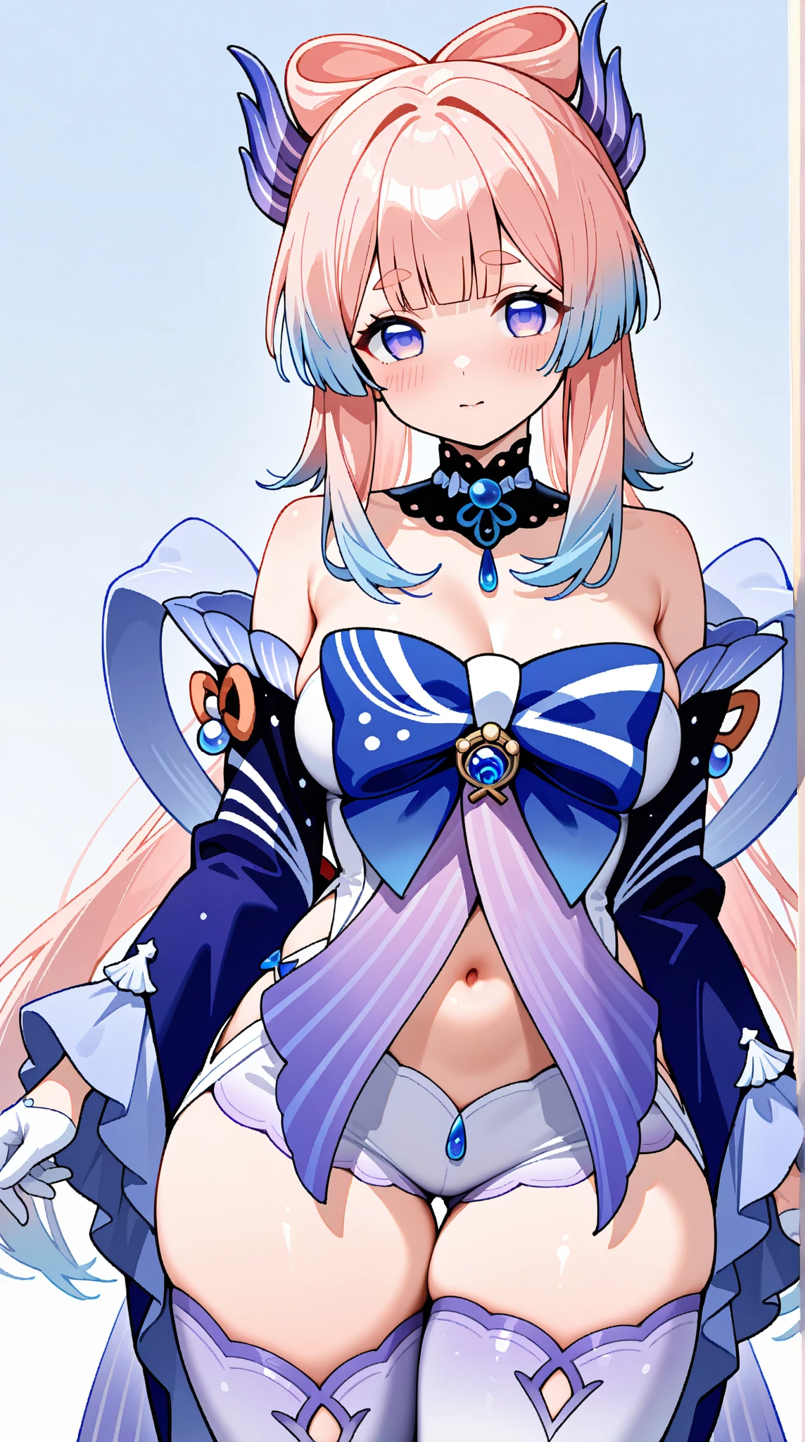masterpiece, best quality, very aesthetic, absurdres, newest,1girl,(contempt, disgust,shaded face,looking at viewer,frown),huge_tits,(semen,semen on thigh gap:1.3),sangonomiya_kokomi(genshin_impact), 1girl, bare_shoulders, blue_hair, bow-shaped_hair,detached_sleeves,gloves, half_gloves,long_hair, long_sleeves, multicolored_eyes, multicolored_hair, pink_hair, thick_eyebrows, thighhighs,white_gloves, white_thighhighs, wide_sleeves,colored_tips,,in a church,cathedral