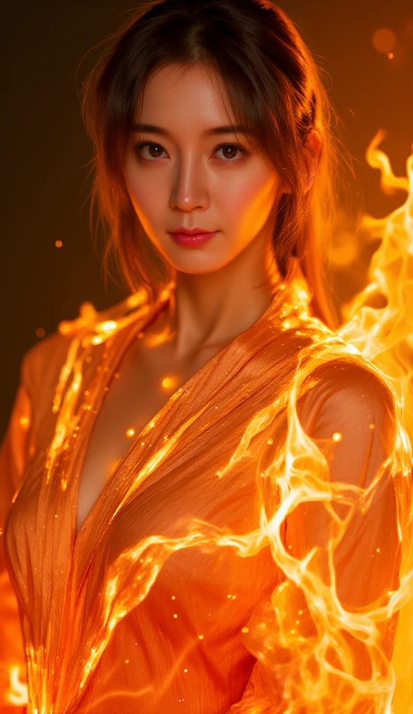 Female Fire Mage,Red and blonde curls,gossamer dress,red color eyes,Enchanted expression,volcanoes,Fantasyart,detail-rich,电影灯光,real photograph,(full bodyesbian:1.2),(standing on two feet:1.2),low angle shot, SLR camera,(Very detailed, reasonable design, Clear lines, High sharpness,Best quality, Masterpiece, 4K:1.2 )