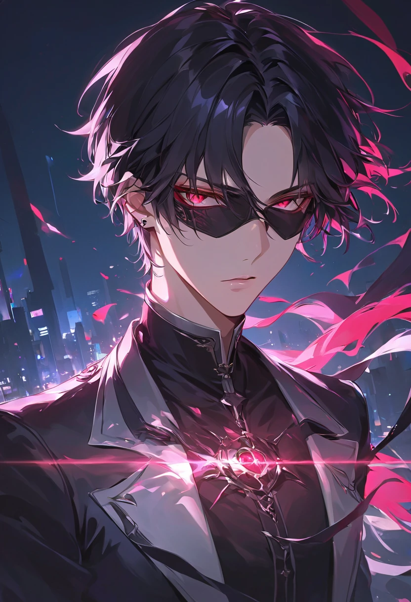 masterpiece, vampire boy,best quality, ultra-detailed, illustration, close-up, straight on, face focus, solo,, short hair, city, sunlight,(Soft glow:1.1),light smile,8k, best quality, ultra high res, vampire male, high quality,cyberpunk style, wearing round glasses, sci-fi, anime vampire boy, ((red purple Black mixed hair)), half red half purple eyes, wearing round glasses, silver cross necklace, black rings, fangs, smile, wearing a big cybercoatwith different lighting in it , long big cybernetic scythe, outsideon Japanese street, close up photo