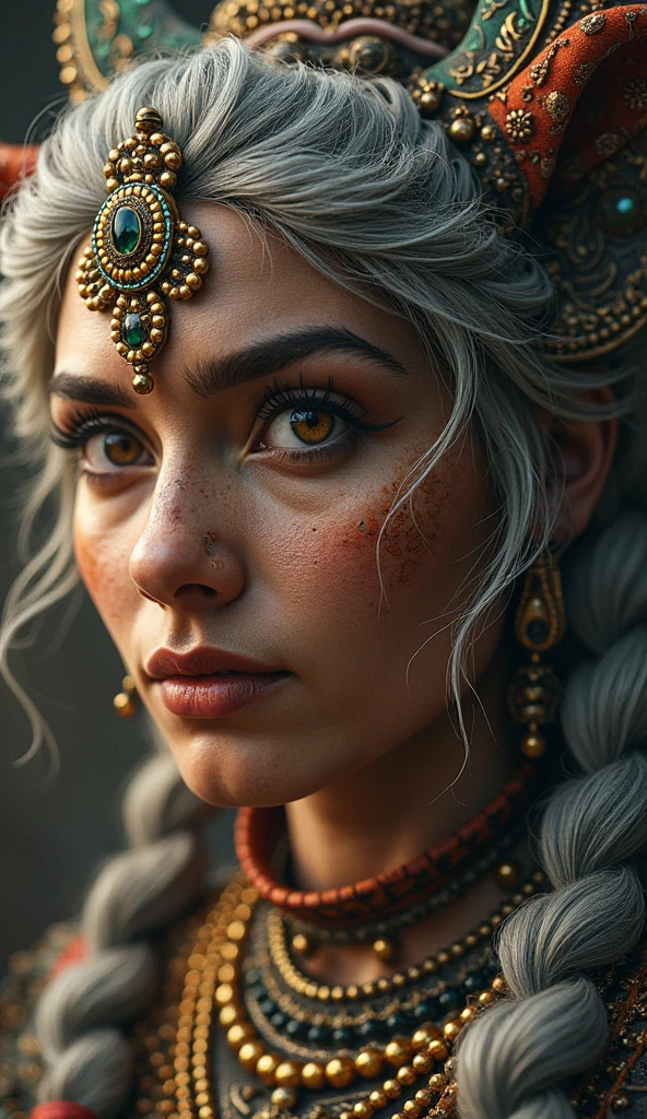 PROPHECY OF DESTRUCTION SOVEREIGN,
THE SEER SUBLIME,
GAZES UPON RIDGE AT NIGHT,
MYSTERIOUS IS THE DARK
FROM WHERE EXTENDS HER RADIANT VISION,

masterpiece, high quality, 4k, 8k, high resolution, best quality, realistic, intricate details, ray tracing, HDR, detailed shadows, dramatic lighting, detailed skin, braided sides, warpaint