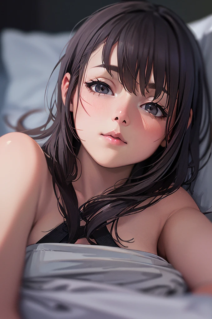 (masterpiece), best quality, expressive eyes, perfect face, Girl,long dark iridescent hair, iridescent eyes, small waist, small , large thighs,lying on the bed in her sleepwear, arm in the air looking for a hug