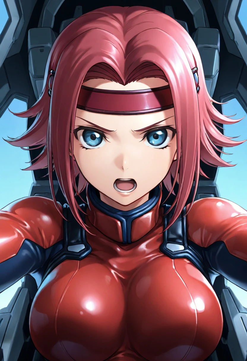 (best quality, masterpiece:1.3),kallencodegeass,(pilotsuitr2:1.3), extremely detailed,1girl,(colorful),(finely detailed beautiful eyes and detailed face),blue eyes,red hair,cinematic lighting,extremely detailed CG unity 8k wallpaper,solo,smile,cockpit,(cowboy shot:1.3),(red headband:1.3)