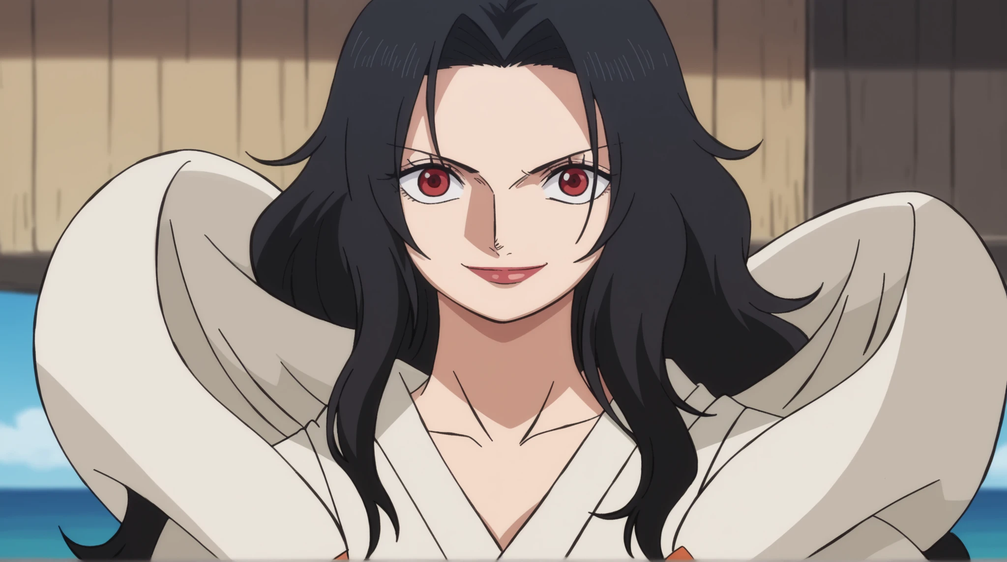 score_9, score_8_up, score_7_up, source_anime, kurenai yuhi, long hair, black hair, red eyes, parted bangs, mature female, Medium breasts,, wearing a white long coat with golden embroidery, a loose white shirt. , single hair , sash,, outoors,sea, smile, looking at viewer, solo,, cowboy shot,upper body, front shot,