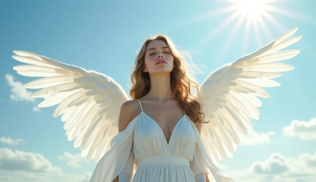 Absurd, very high resolution, super detailed, Depicting a beautiful woman facing the camera (((an angel with big wings))), perfect eyes, ears, mouth and beautiful hair, (((show full body ))), show the soft lighting effects, intimate moments, and feelings of joy, Create stunning images of an angelic transformation with long exposures that capture the beauty and movement of celestial bodies, (((background: clouds))), characterized by the light of the moon, A night with many stars, and a non-vibrant atmosphere. capturing the original appeal of primitive art, bold, simplified forms, intense colors, emphasizing raw emotions and instincts, the biblical stories, bible, guardian angels, realistic, 8k, cinematic