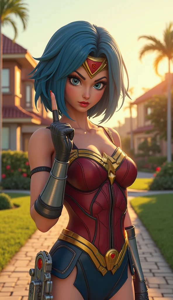 Bulma como Wonder Woman, DC Quadrinhos, Extremamente realista,8K mais detalhado.Motor irreal:1.4,UHD,melhor qualidade:1.4, fotorrealista:1.4, textura da pele:1.4, obra prima:1.8,obra-prima, melhor qualidade,Objeto de objeto], (detailed face features:1.3),(manos Detalhado:1.4),(Apocalyptic Destroyed City Al:1.4)