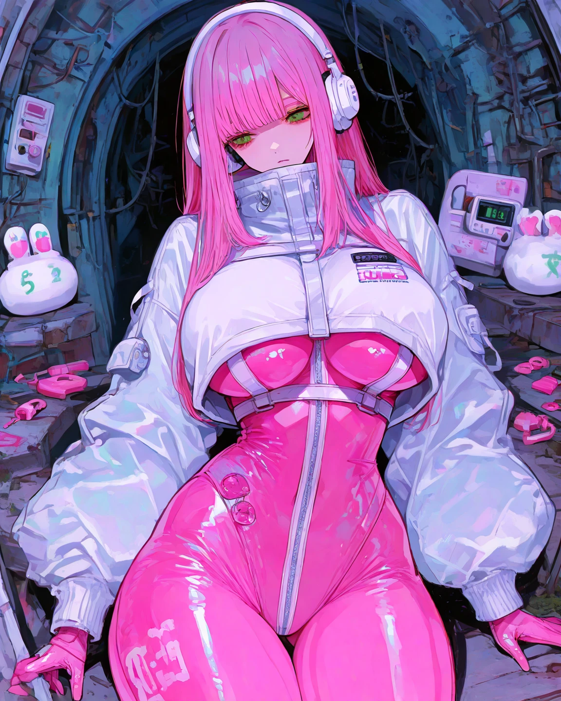 (masterpiece, Highest quality, 32K Wallpapers, Very detailed,portfolio), One girl:1.2, More Angles、highlight、Detailed face、Very talented、((Tight pink latex suit:1.4)), ((Pink latex gloves、Pink latex boots:1.4)),((Latex pink Mask:1.4)),(The most complex machine), (Overall colorful), ((Huge breasts:1.8)),Latex covering the whole body:1.4、Nipples、pussy, nsfw