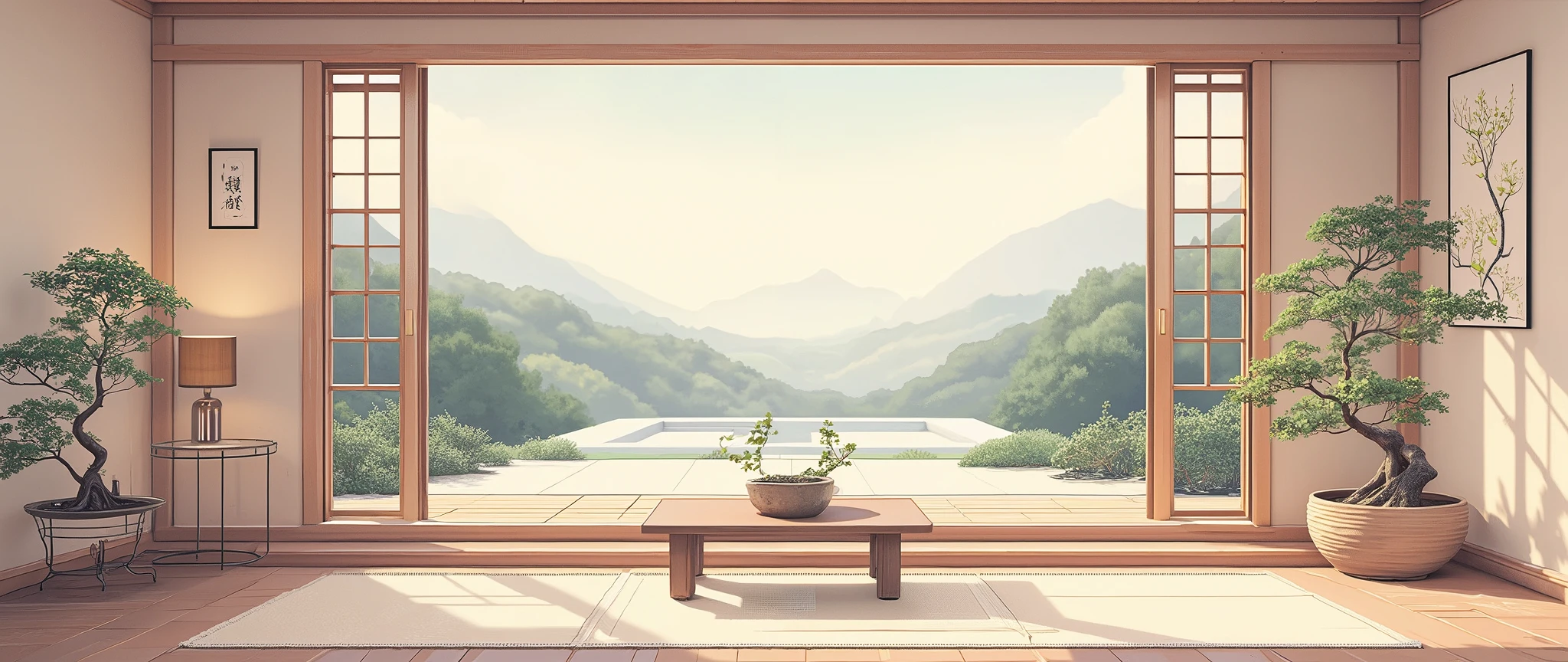 illustration in soft colors predominating , minimalism of a Japanese style living room with window to see the minimalist Japanese garden with bonsai trees, the stage evokes energy and elegance