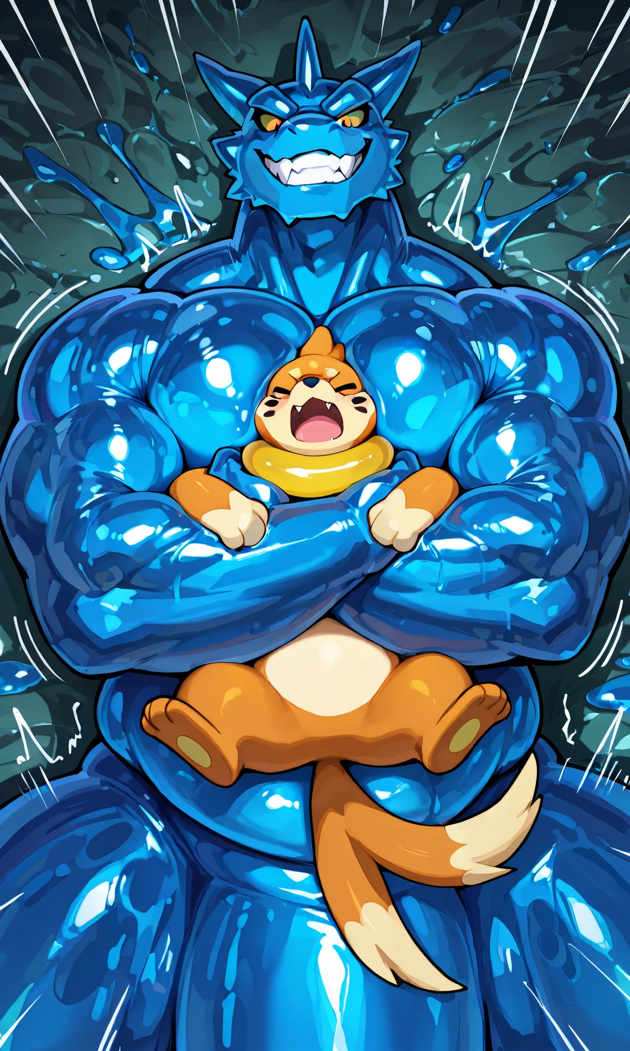 giant slime dragon monster, small feral buizel, wresling, submission hold, [slime dragon:lying on back, head lock, crossing arms, hugging, arms around neck, heavy weight bulky fat, giant plump muscular body, thick arms, big pectoral muscles, venis popping, evil grin, looking down, transparent slime body], [buizel:lying, head between pecs and arms, pain, closing eyes, open mouth], size difference, motion blur, motion line, evil water background, fullbody, from above