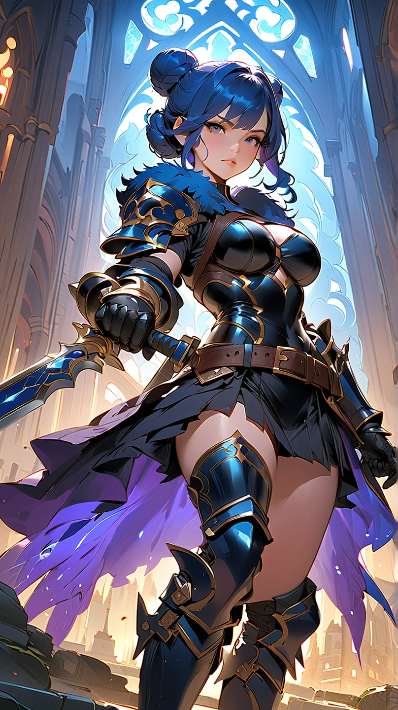 best quality,4k,8k,highres,masterpiece:1.2),ultra-detailed, extremely detailed eyes, extremely detailed body, (large masterpiece digital art), (detailed manga illustration), (detailed line art), ((perfect ???????)), (intricate details:1.3), (ultra-detailed:1.3), (illustration:1.3), (sharp focus:1.3), (natural lighting:1.05), (vivid colors:1.3), (masterpiece), best quality, expressive eyes, perfect face, 1 girl, breasts, gloves, large breasts, {blue hair}, medium hair, wavy hair, (gray eyes), hourglass physique, huge ass, dynamic pose, dynamic lighting, fur trim, hair bun, glowing, crystal, delicate\(armor\), armor, full armor, cuisses, shoulder armor, belt, hand guard, boots, glove, particles stream, creationmagic, ethereal creation, Magic Circle, glowing, crystal, jim lee, beautiful esd_woman, hair bun, fur trim, jewelry, crystal, wild energy, cinematic lighting, heroic atmosphere, Beautiful woman, Atey Ghailan, Jeremy Mann, Greg Manchess, Antonio Moro, trend in ArtStation, trend in CGSociety, Intricate, High Detail, Sharp focus, dramatic and photorealistic painting art by Midjourney and Greg Rutkowski, Marvel Cinematic Universe style, (((mystical gothic castle in the background))),