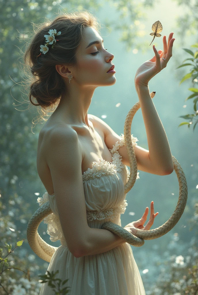 Create a image of a girl turning into a white snake.