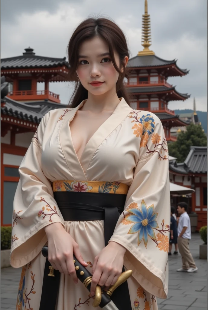 ((highest quality、8k、master piece:1.3))、Self snap、beautiful woman with perfect figure:1.4、(brown long hair、normal breasts:1.3)、(floral pattern yukata)、Highly detailed face and skin texture、detailed eye、double eyelid、laughter:1.5、Full body Esbian、~sacrifice to、in the street、night