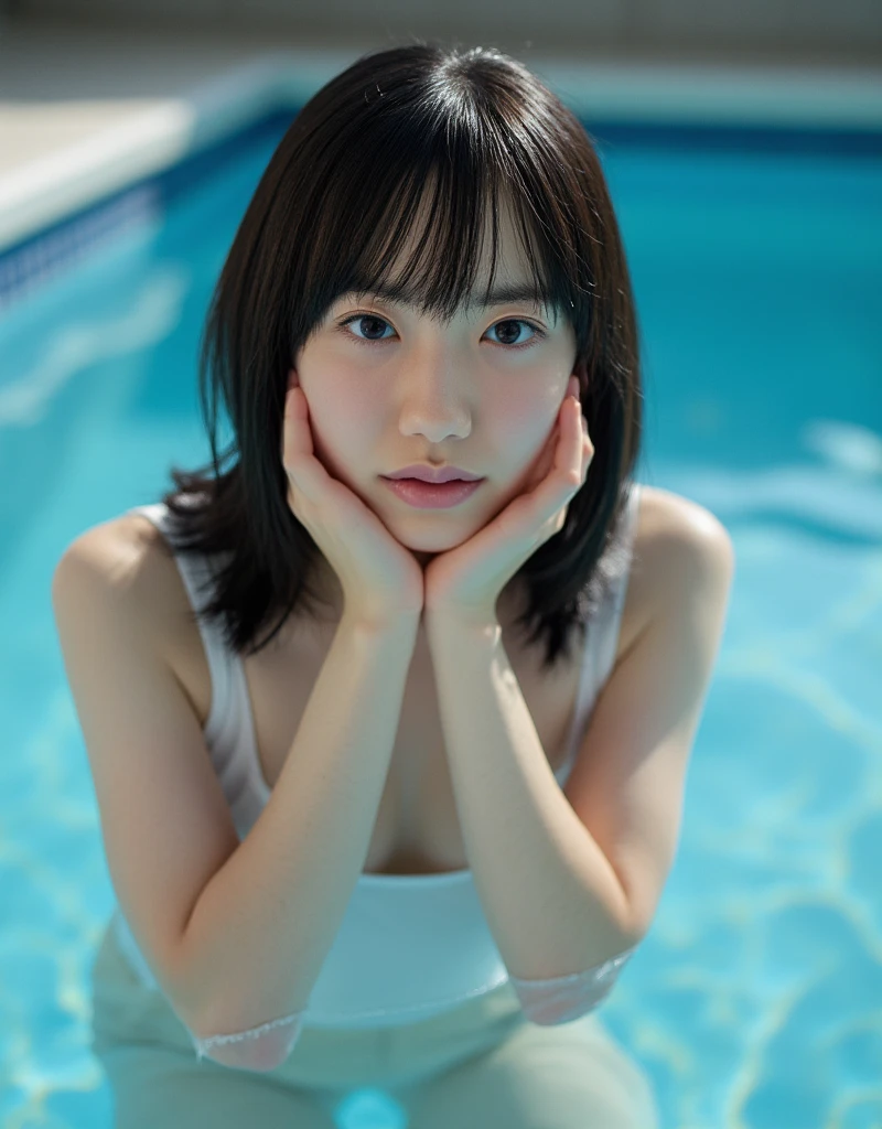 Highest quality,Japanese woman floating in water,huge ,Prone、Fascinating face,Wet body,Very short hair,Perfect body,Wearing a black swimsuit with a large opening,G-string,Provocative,Jumping out of the water,Clear blue water,