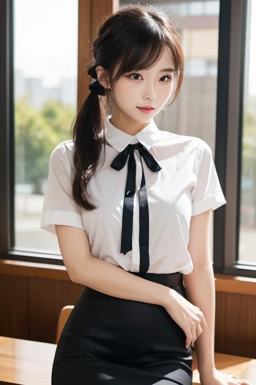 ((1girl in)), ((Best Quality)), (Ultra-detailed), (extremely detailed CG unified 8k wallpaper), Highly detailed, High-definition raw color photos, Professional Photography, Peanut butter brown hair, Amazing face and eyes, Pink eyes, (amazingly beautiful girl), School, (High School Uniform), Sitting, (Spread your legs),