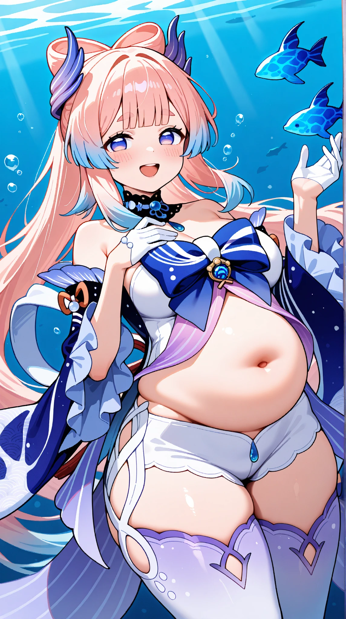 (Very high quality, detailed) An image of a full body pregnant girl with a round belly, long hair, very big breasts, bubble butt and pretty thick body. She's standing barefoot with her hands on her belly. She's wearing a crop top, very thight shorts, glasses.